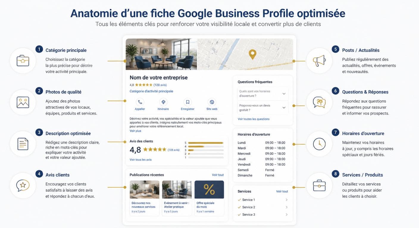 Anatomie complète d'une fiche Google Business Profile optimisée