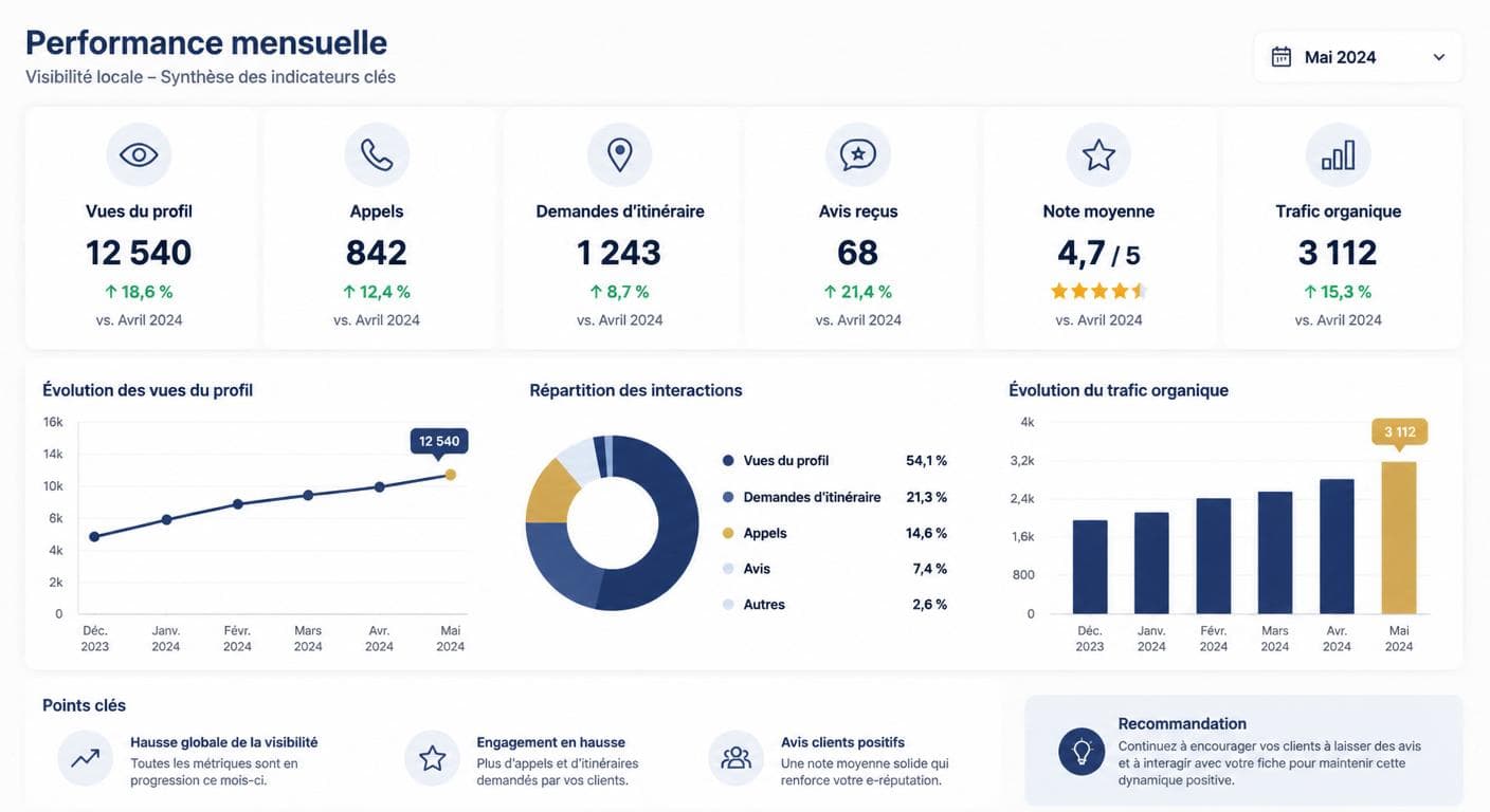 Tableau de bord mensuel des KPIs de visibilité locale