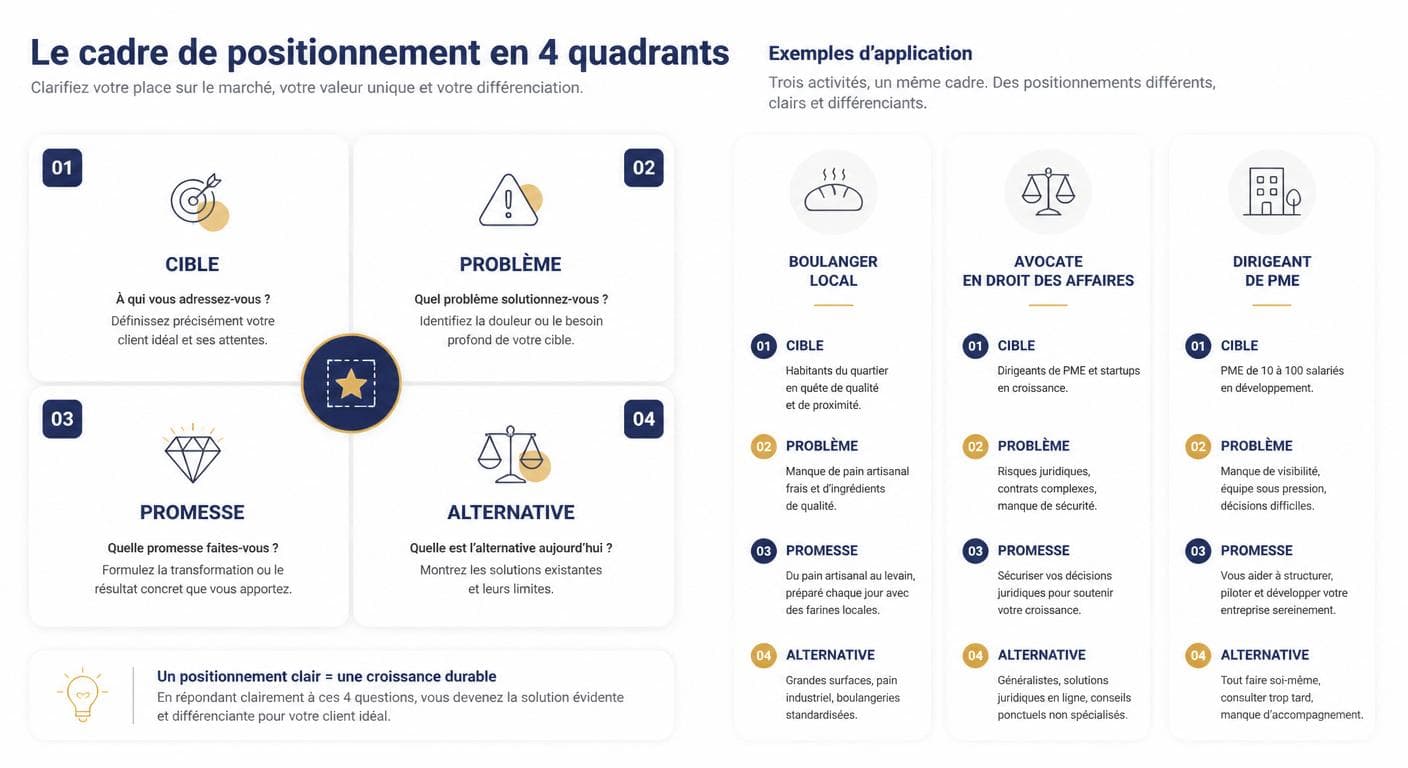 Cadre de positionnement en quatre quadrants avec exemples métiers