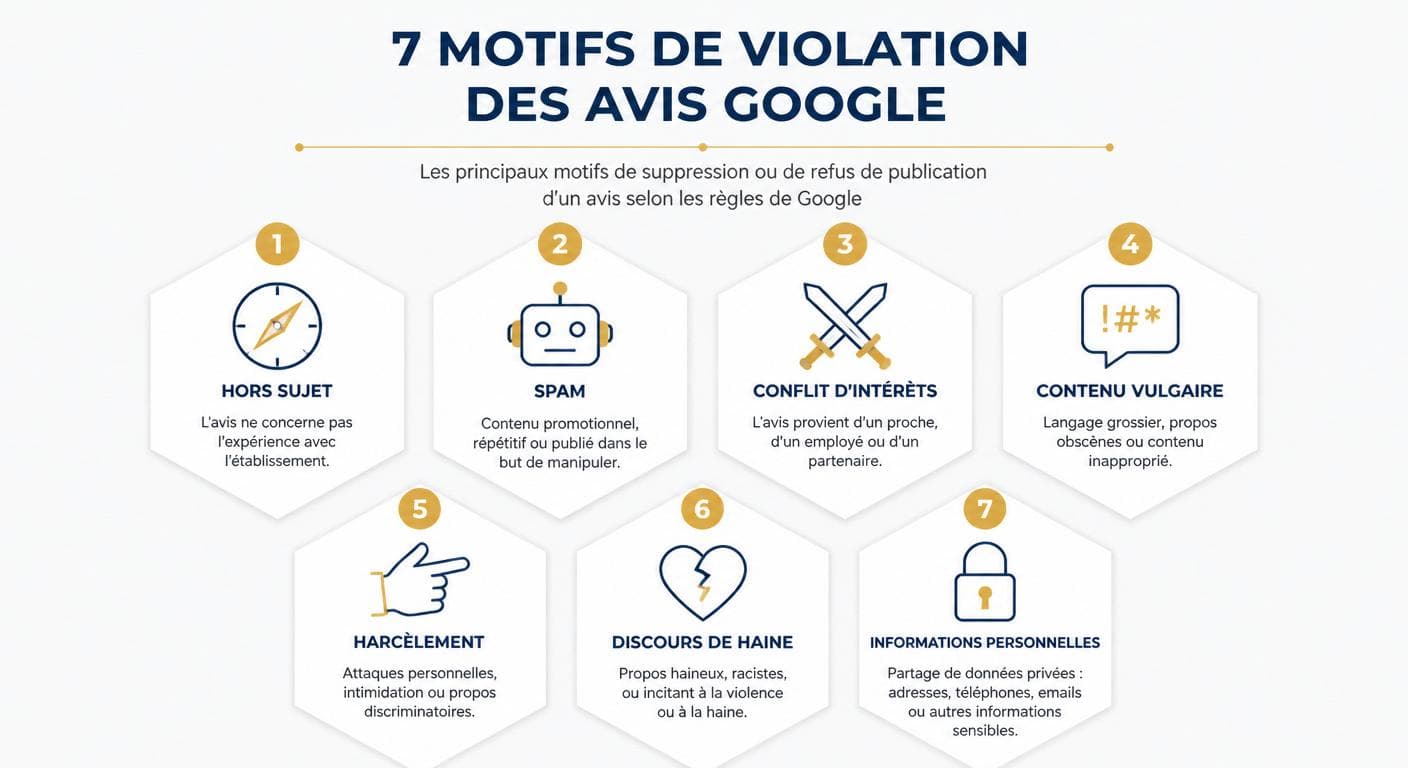 Les sept motifs officiels permettant le signalement et la suppression d'un avis Google