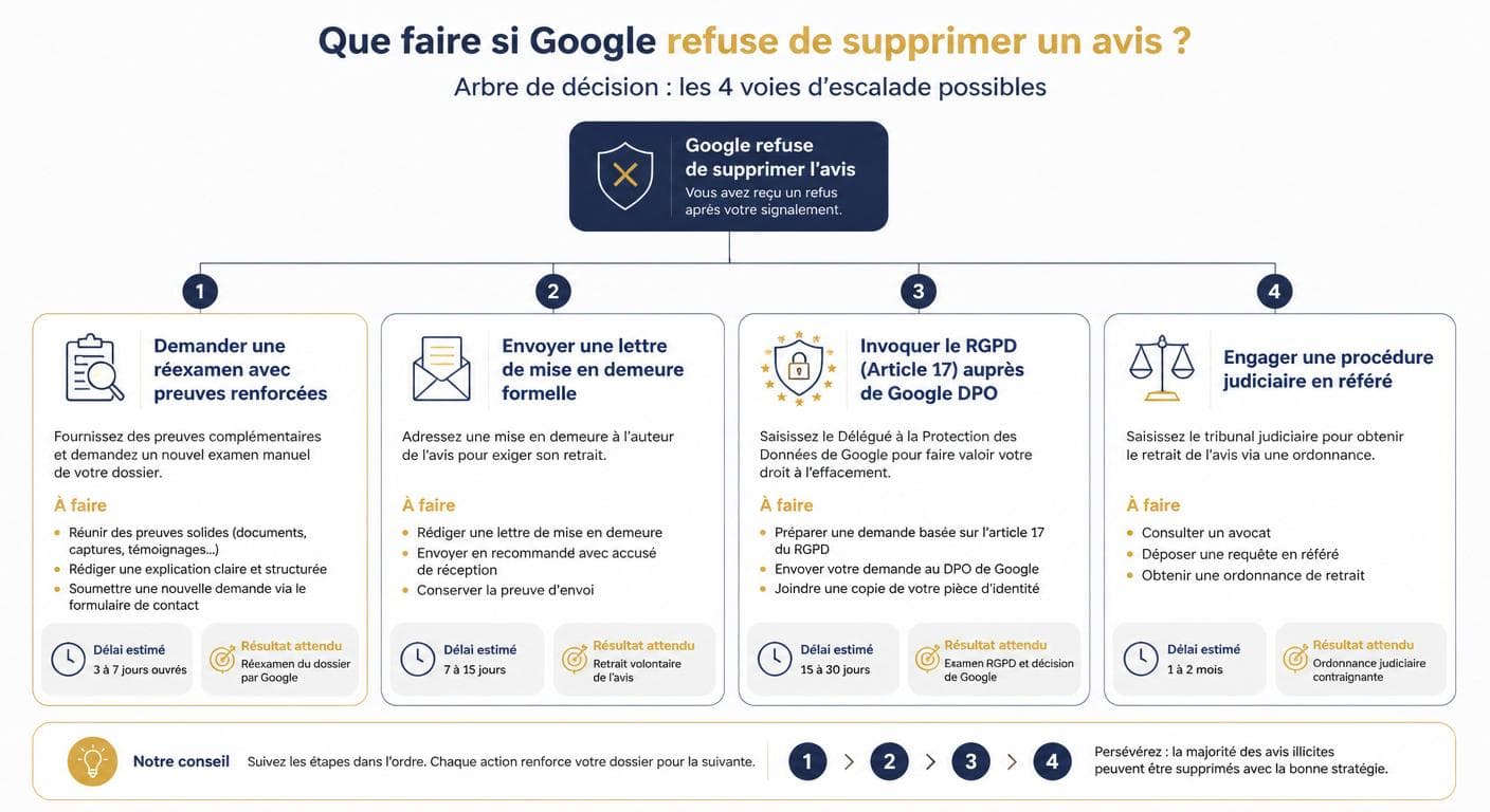 Arbre de décision des voies de recours après un refus de Google pour la suppression d'un avis