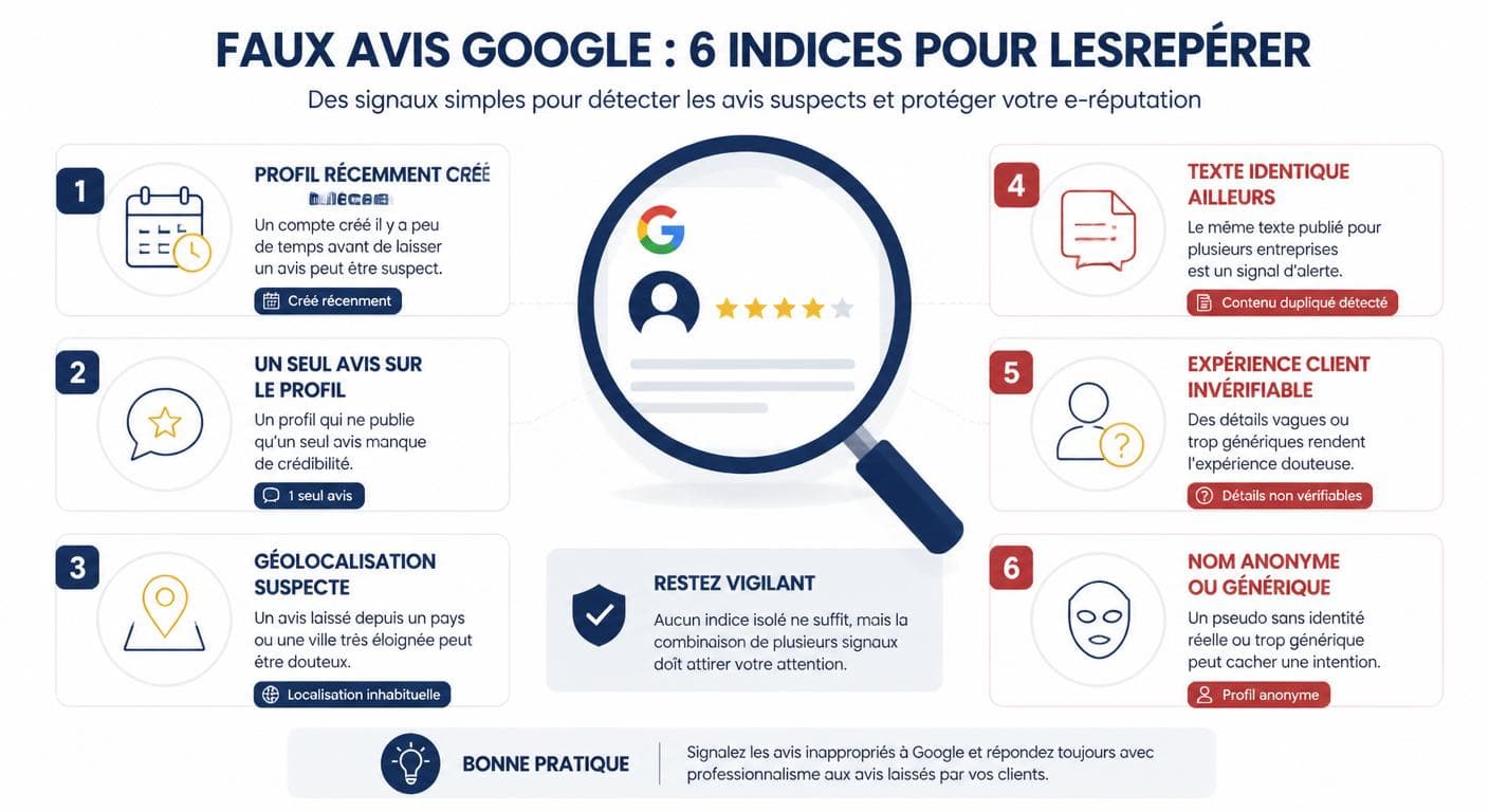 Les six indices à documenter pour caractériser un faux avis Google