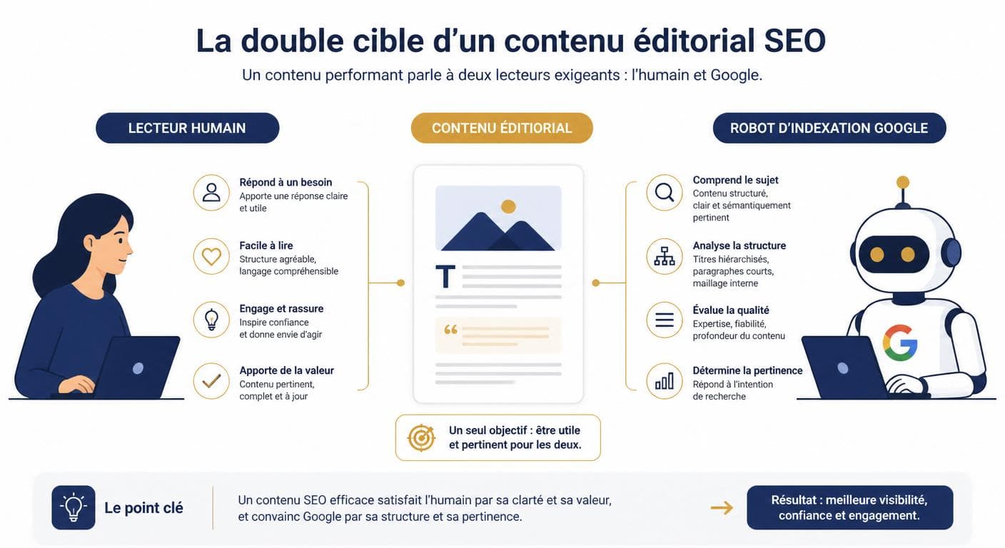Infographie illustrant la double cible d'un contenu éditorial SEO : lecteur humain et robot Google