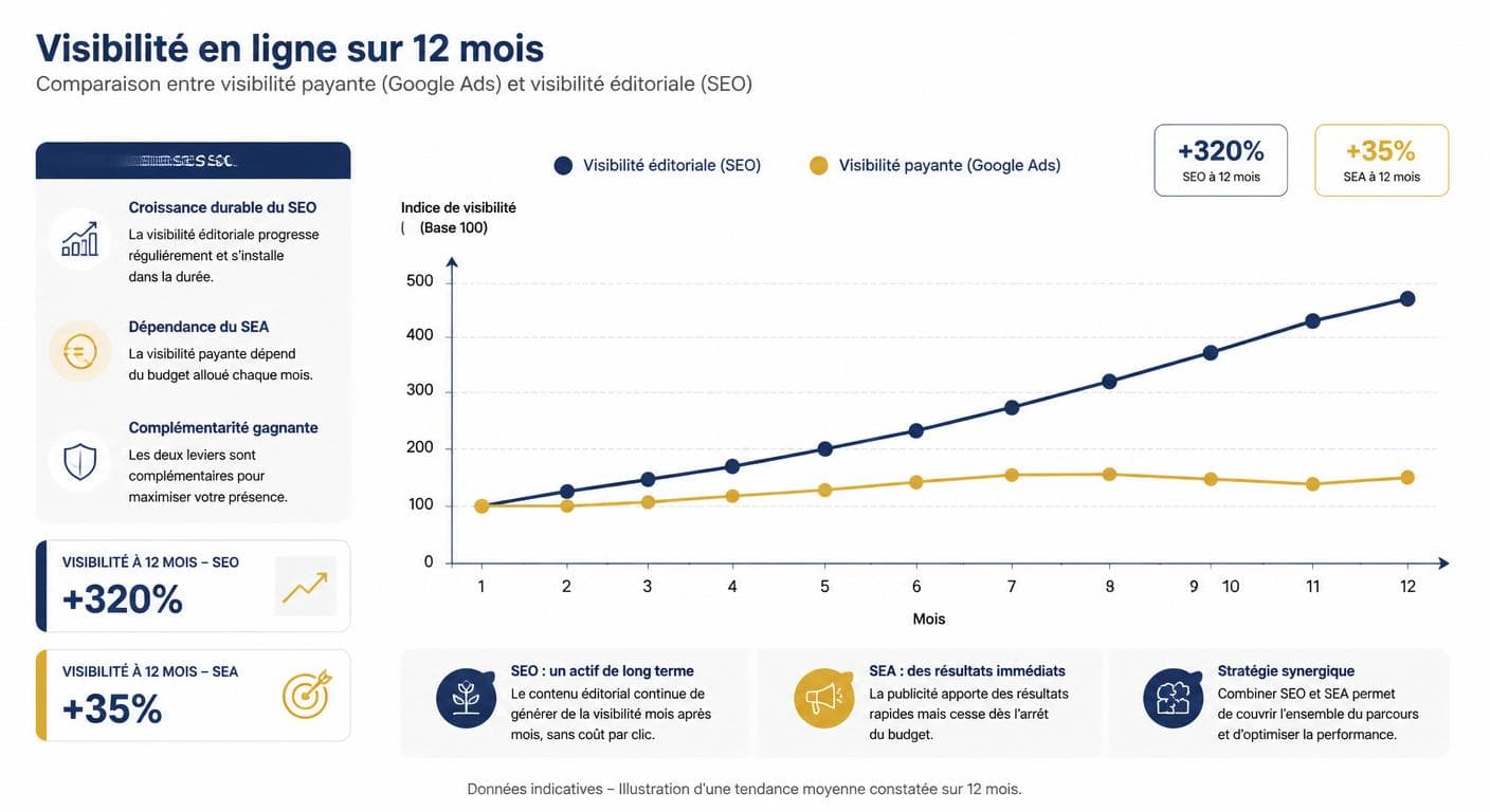 Infographie comparant la visibilité payante et la visibilité éditoriale SEO sur 12 mois