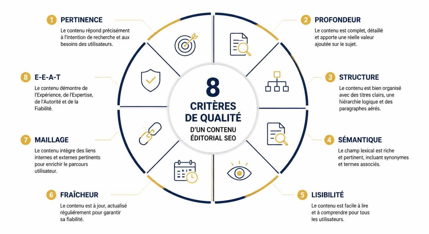 Infographie en roue présentant les 8 critères de qualité d'un contenu éditorial SEO