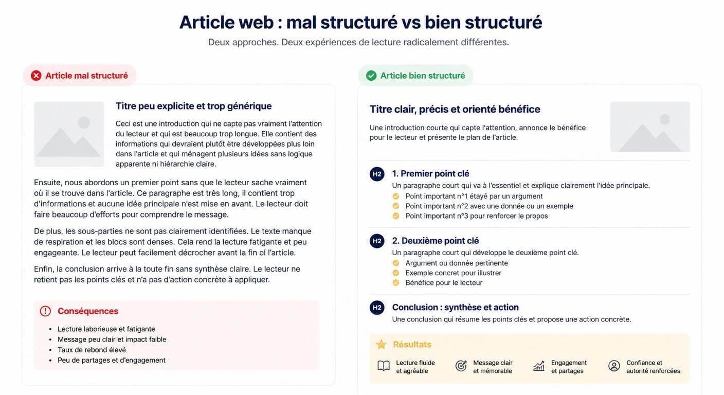 Comparaison visuelle entre un article mal structuré et un article bien structuré