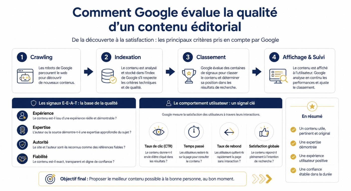 Infographie expliquant comment Google évalue la qualité d'un contenu éditorial