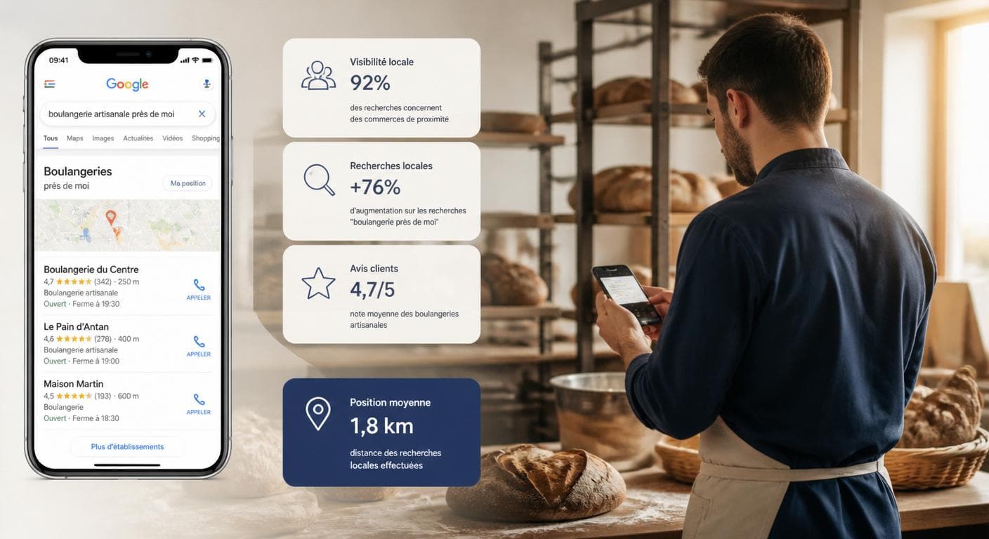 Illustration d'un artisan boulanger consultant une recherche Google locale