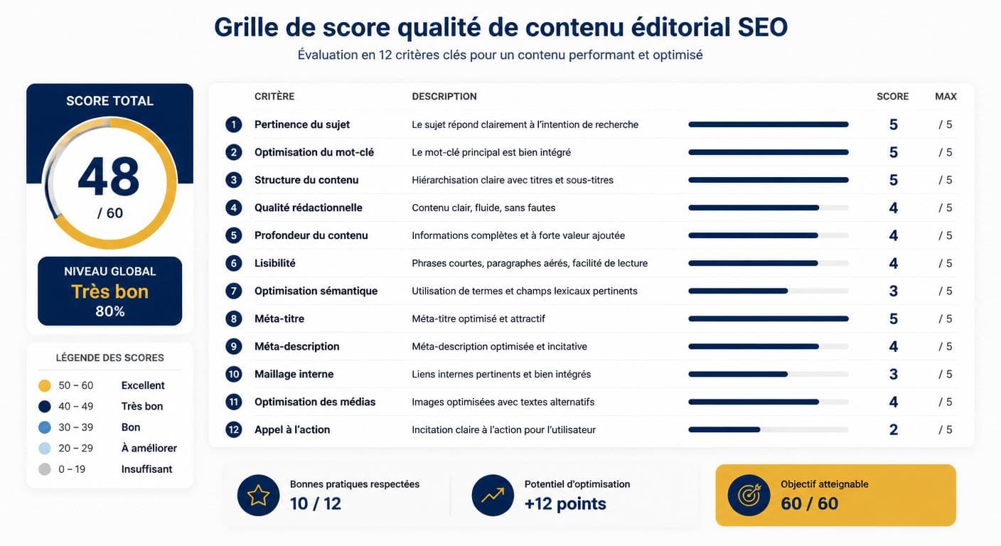 Infographie de la grille de score qualité d'un contenu éditorial SEO en 12 critères