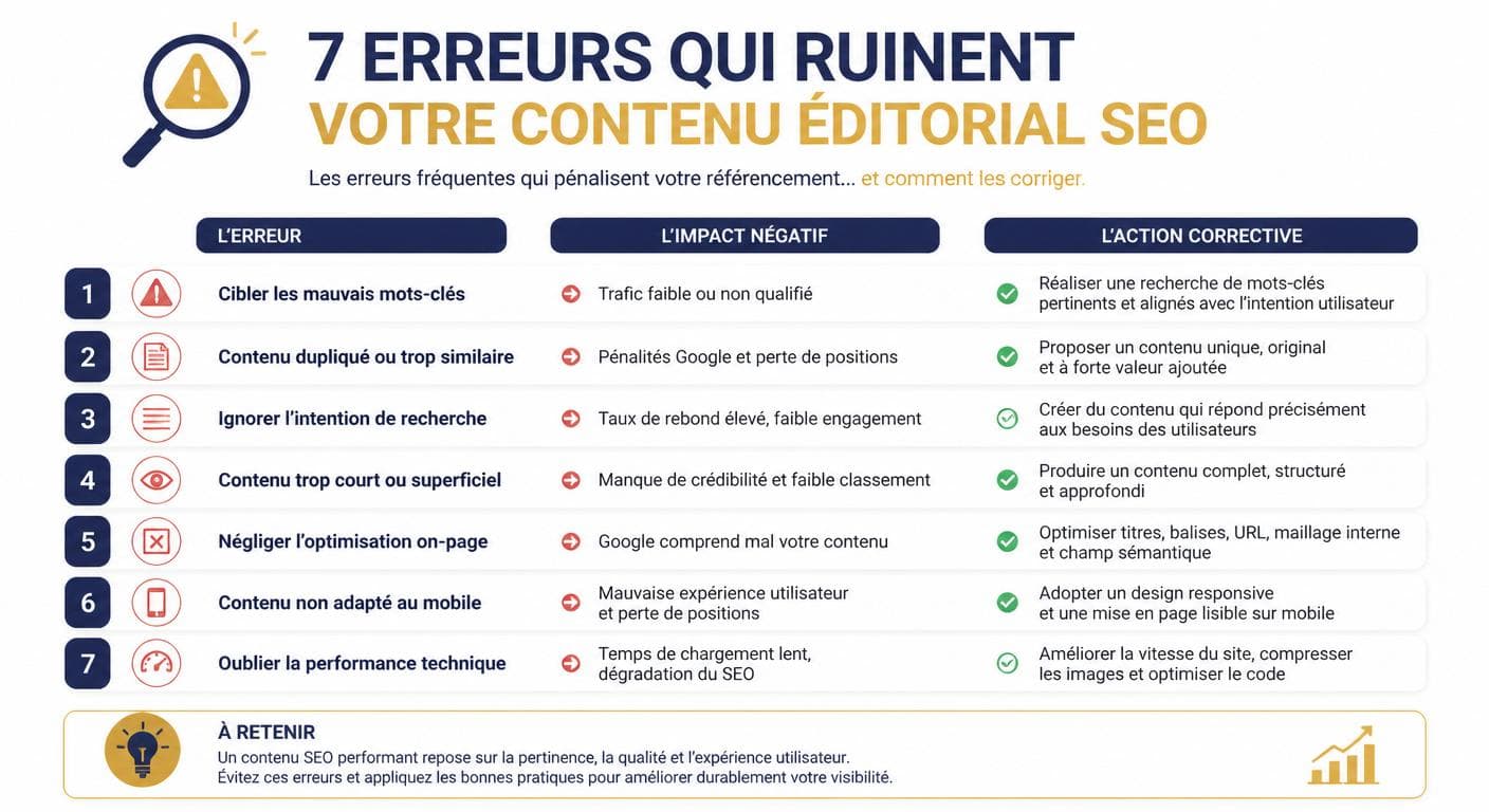 Infographie des 7 erreurs les plus courantes qui ruinent un contenu éditorial SEO