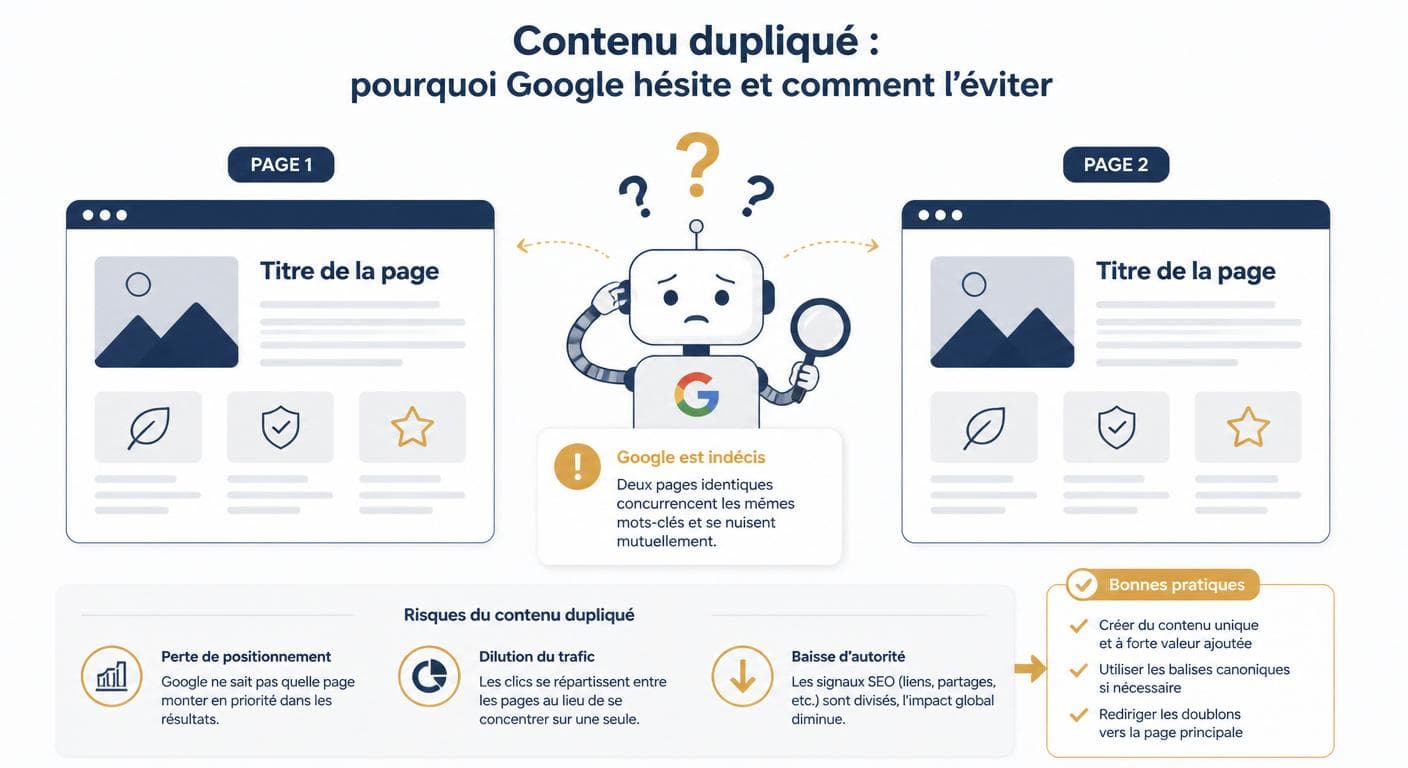 Schéma expliquant le duplicate content avec deux pages web identiques face à un robot Google