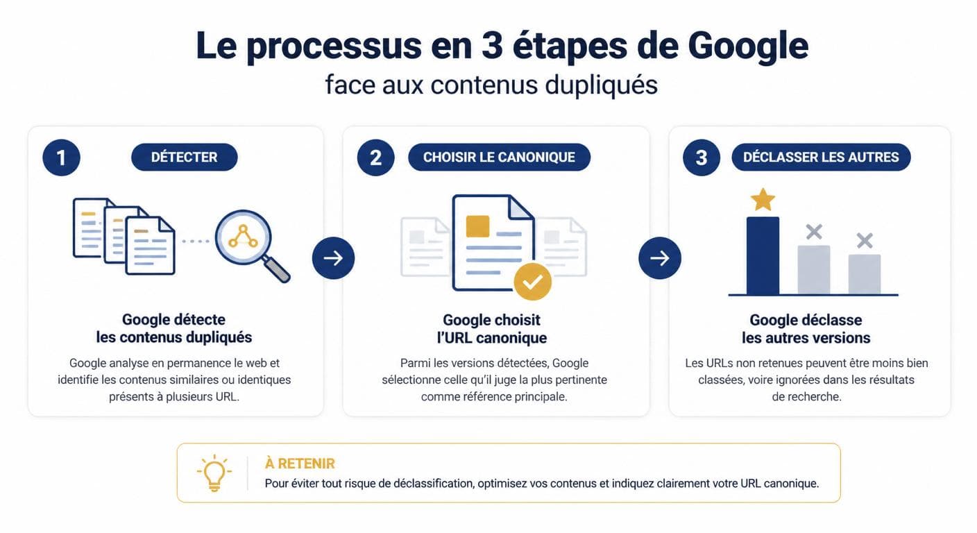 Infographie des trois étapes de réaction de Google face au duplicate content