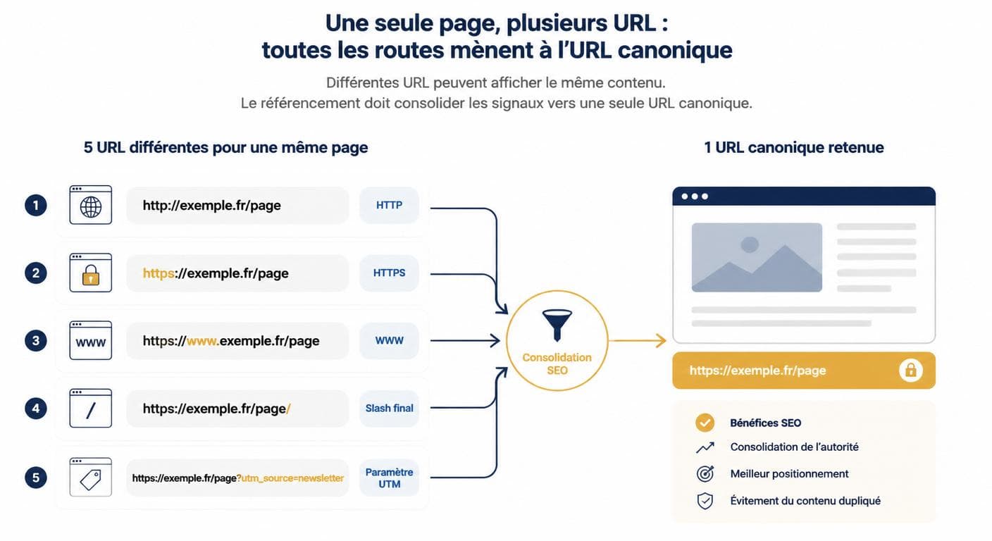 Illustration des 5 variantes d'URL menant à une même page