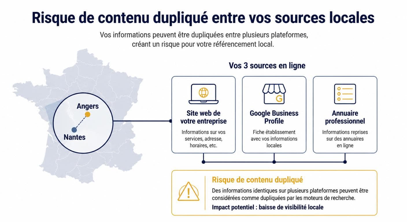 Carte illustrant le risque de duplicate content entre site, fiche Google Business Profile et annuaires locaux