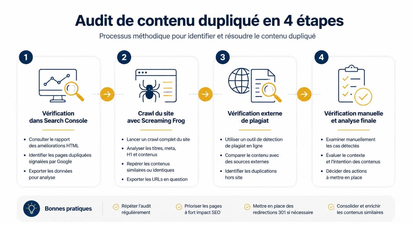 Schéma de la méthode d'audit en 4 étapes pour détecter le duplicate content