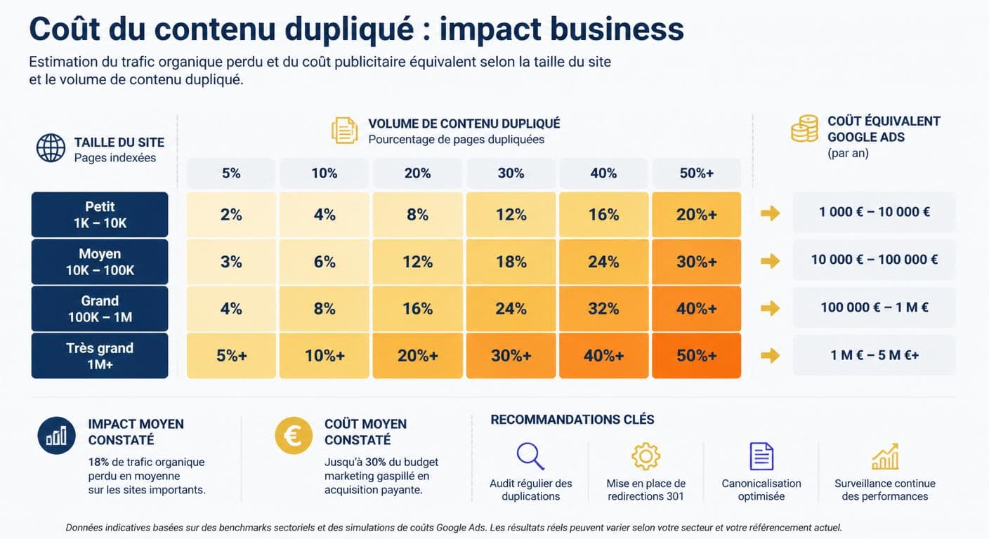Graphique d'impact business du duplicate content selon la taille du site