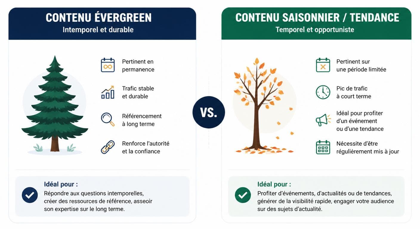 Infographie comparant le contenu evergreen et le contenu d'actualité