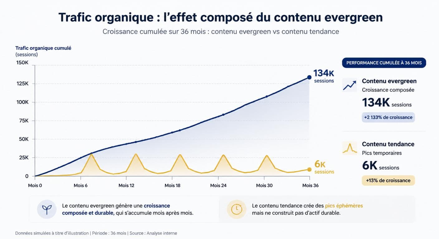Graphique de la capitalisation SEO du contenu evergreen sur 36 mois