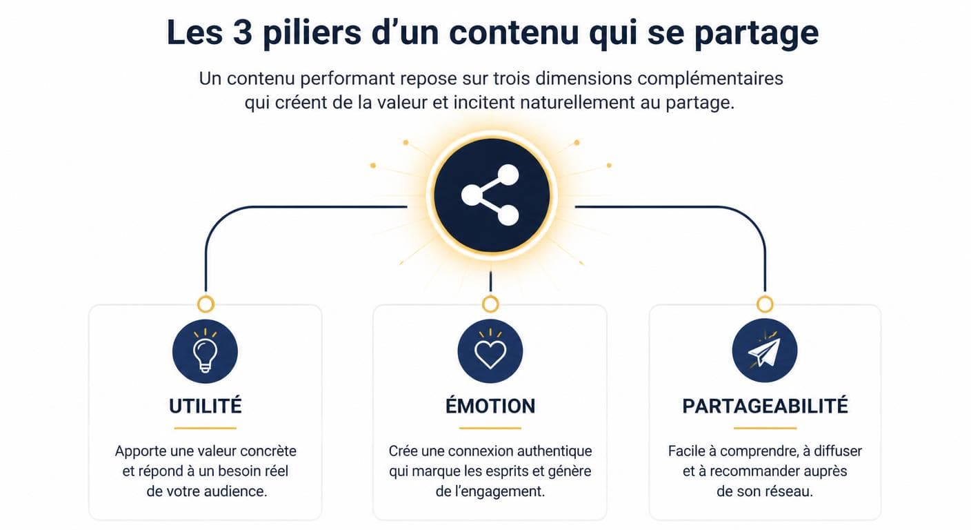 Infographie des trois piliers de la viralité de contenu en entreprise
