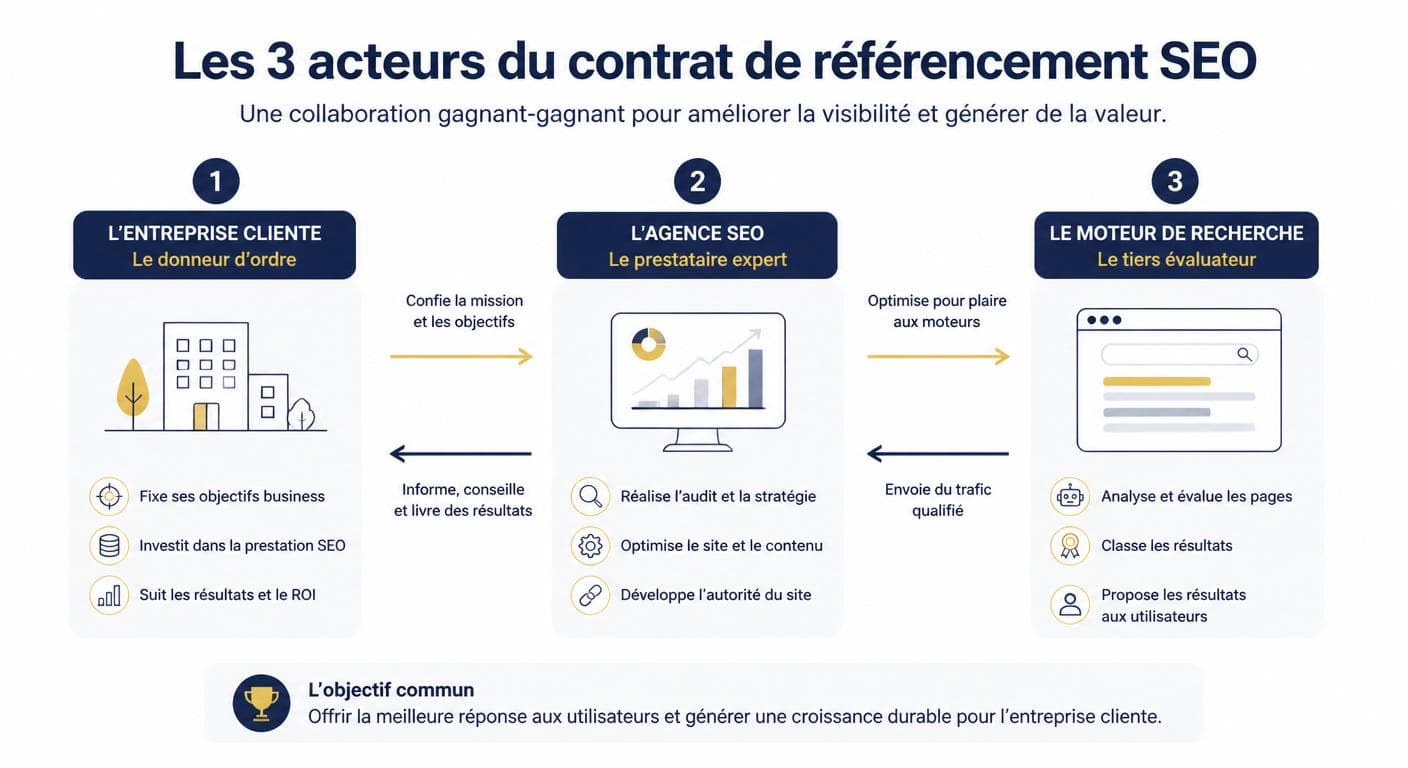 Schéma des trois acteurs d'un contrat de référencement
