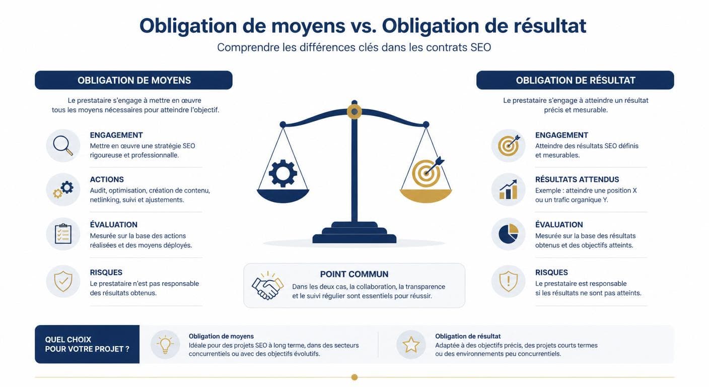 Différence entre obligation de moyens et obligation de résultat en référencement