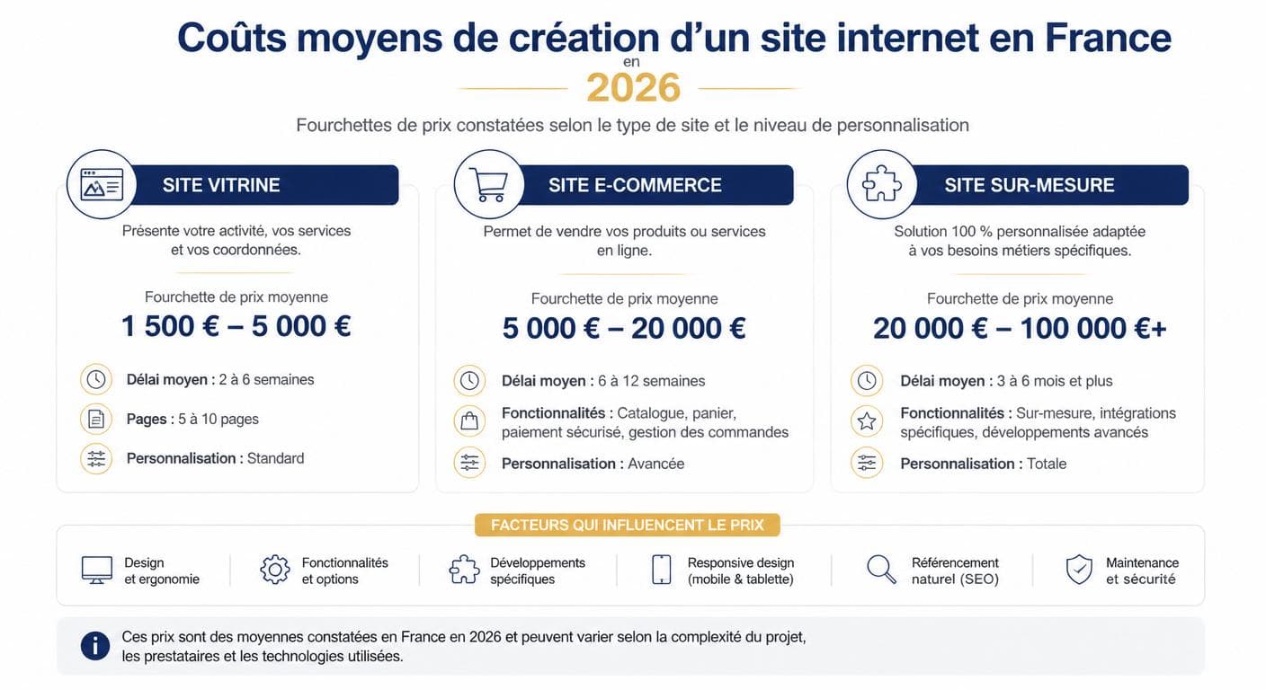 Infographie comparant les coûts moyens d'un site internet en 2026 en France