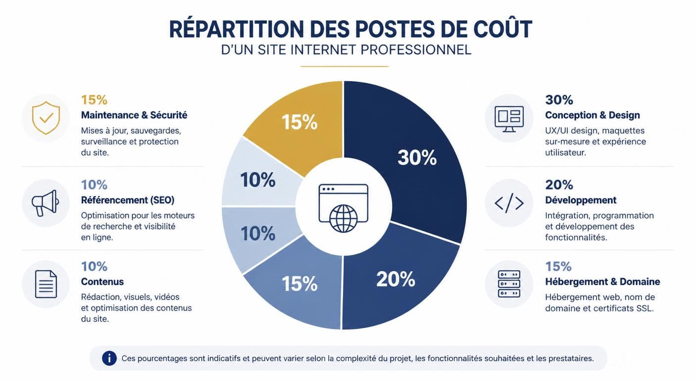 Infographie de la répartition des postes de coût d'un site internet professionnel