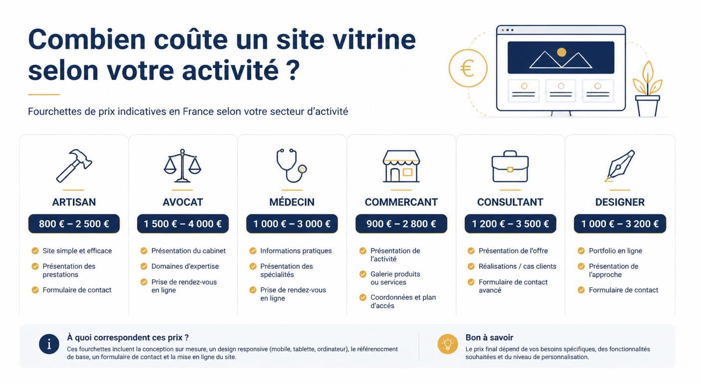 Infographie des fourchettes de prix d'un site vitrine par métier