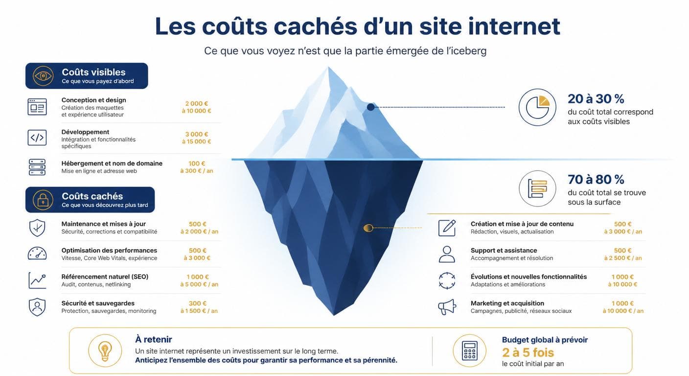 Infographie en forme d'iceberg illustrant les coûts cachés d'un site internet