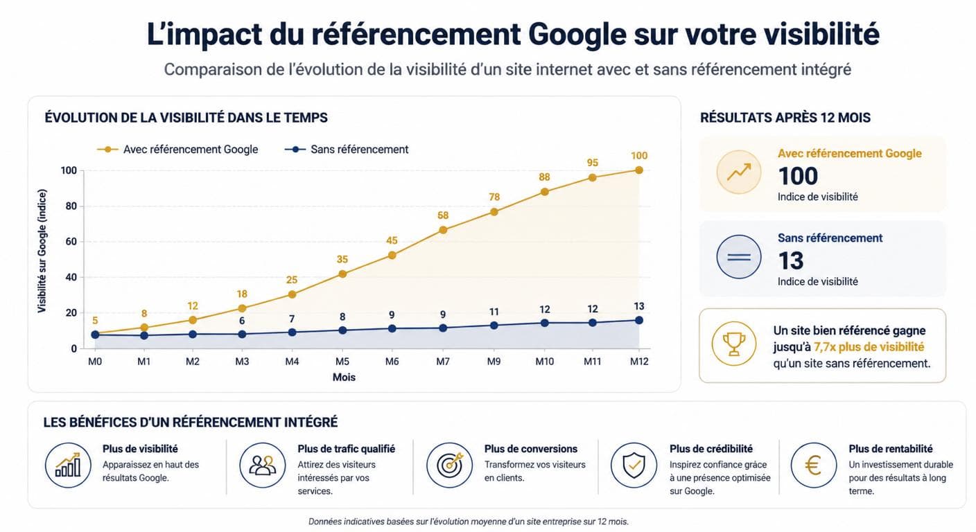 Infographie comparant un site sans référencement et un site avec référencement Google intégré