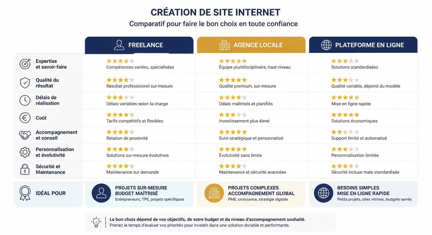 Infographie comparant freelance, agence locale et plateforme pour la création d'un site internet