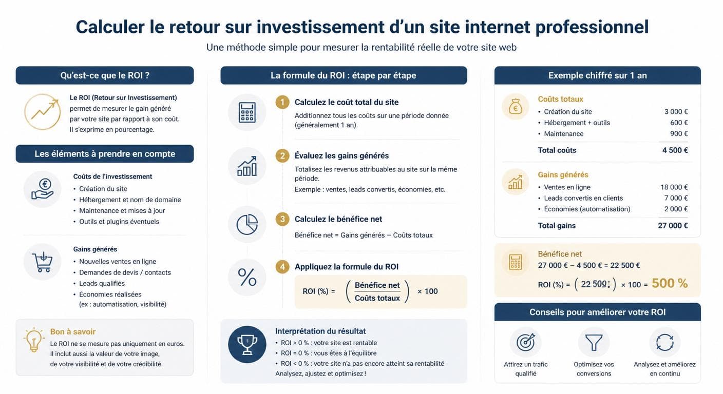 Infographie expliquant le calcul du retour sur investissement d'un site internet professionnel