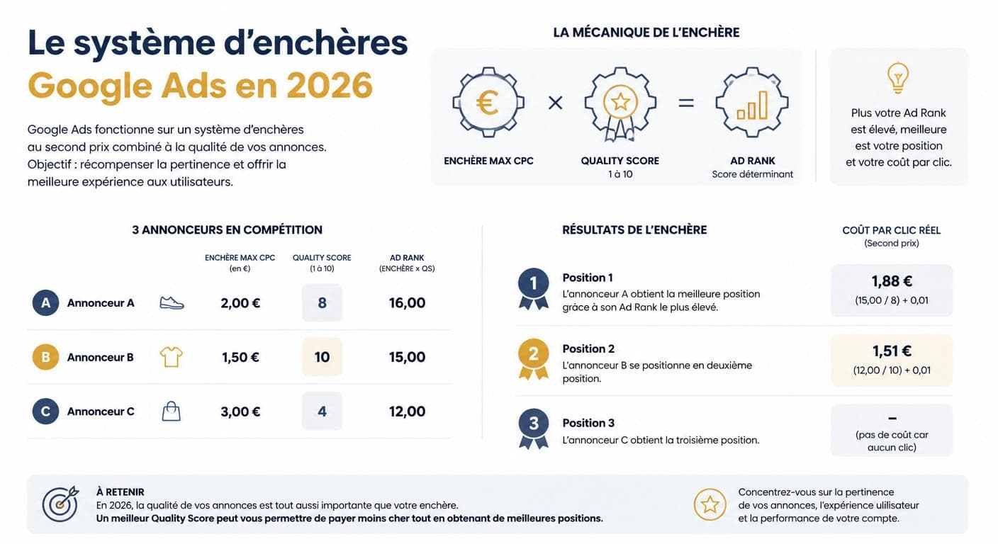 Schéma pédagogique du système d'enchères Google Ads en 2026