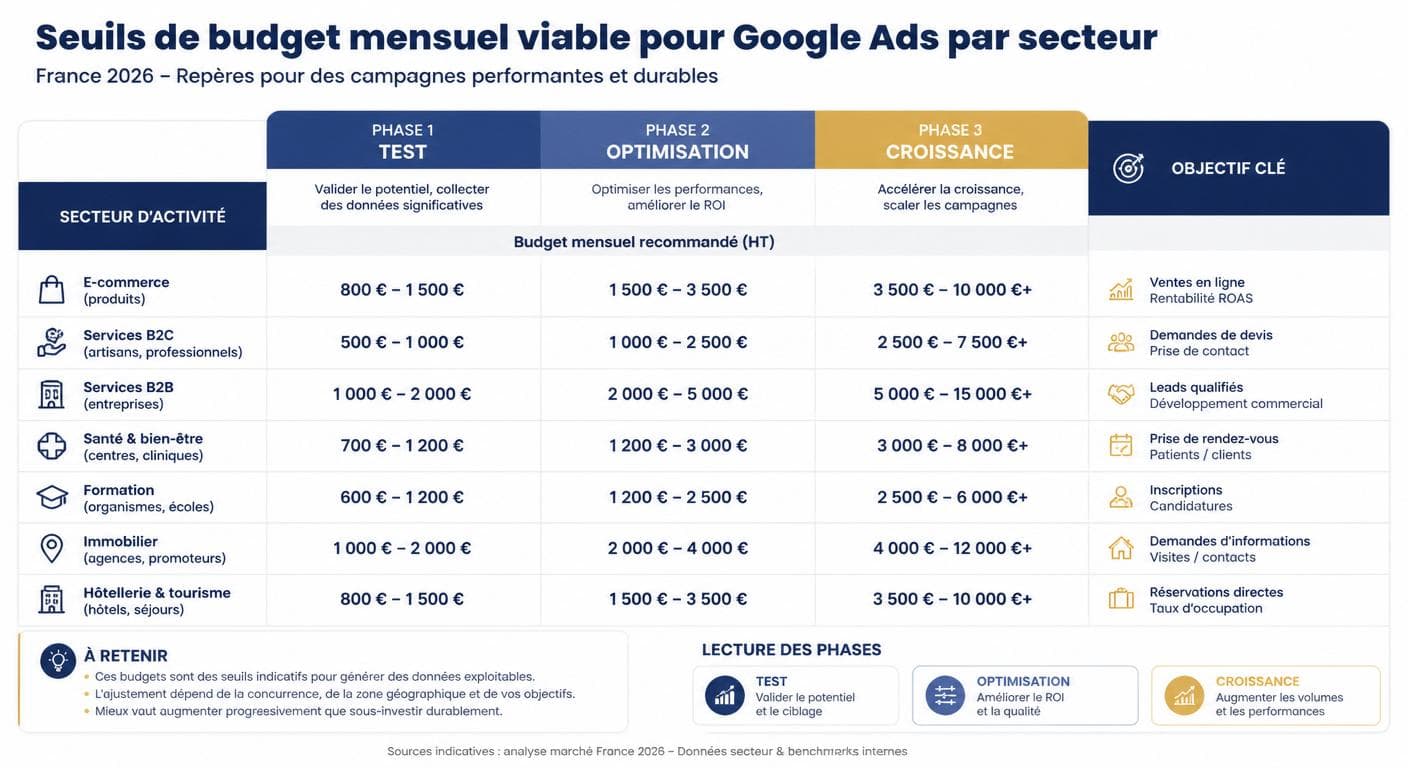 Seuils de budget Google Ads par secteur d'activité 2026