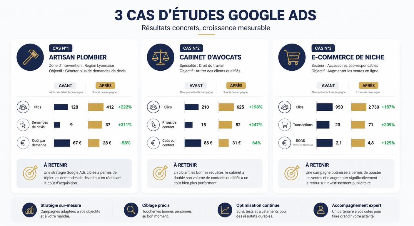 Études de cas Google Ads par secteur : budgets et résultats à 90 jours