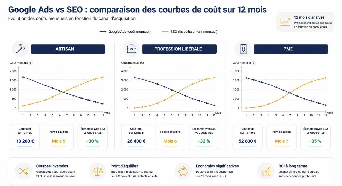 Comparaison budget Google Ads vs visibilité organique sur 12 mois