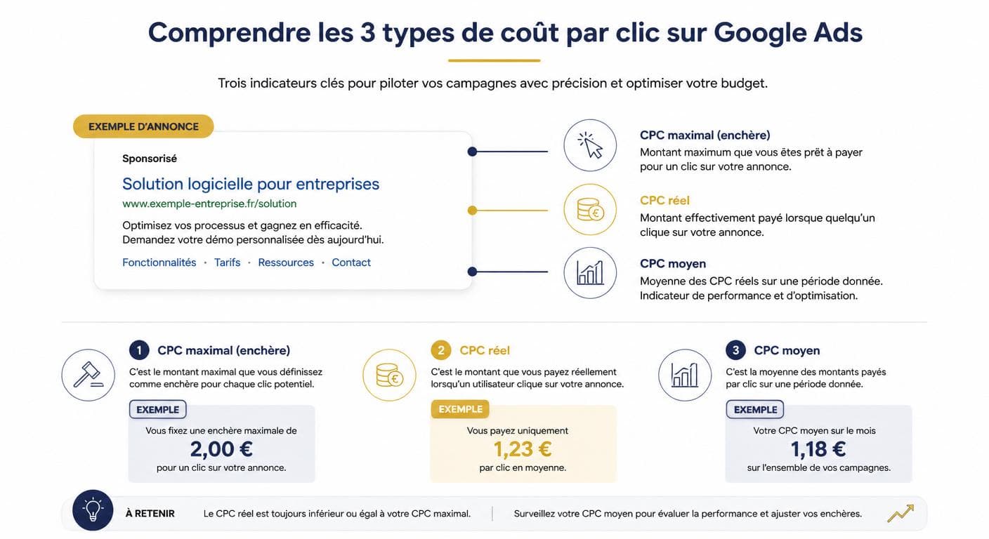 Infographie expliquant les trois types de coût par clic Google Ads : CPC maximal, CPC réel et CPC moyen