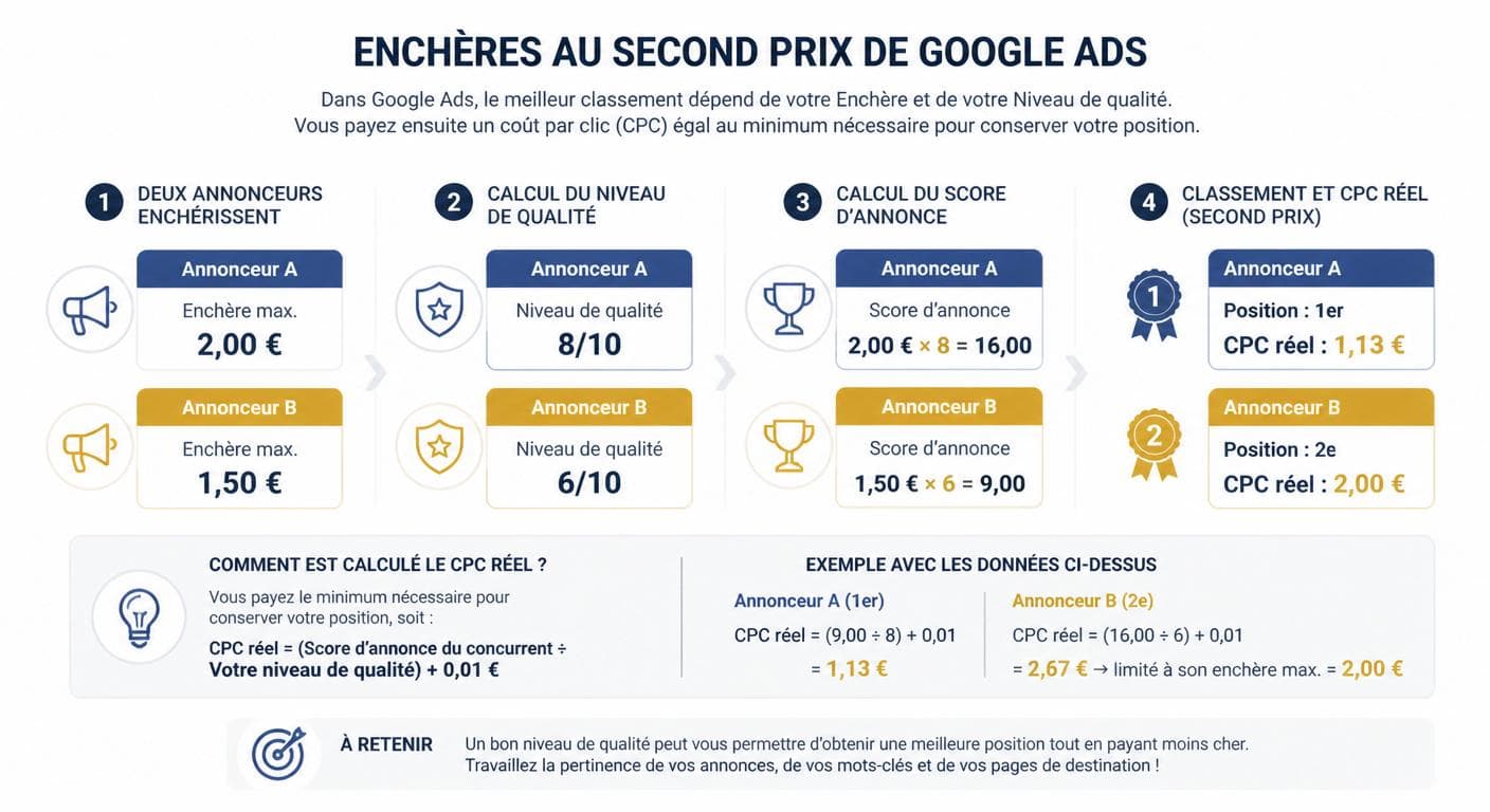 Schéma du fonctionnement de l'enchère au second prix sur Google Ads avec calcul du CPC réel