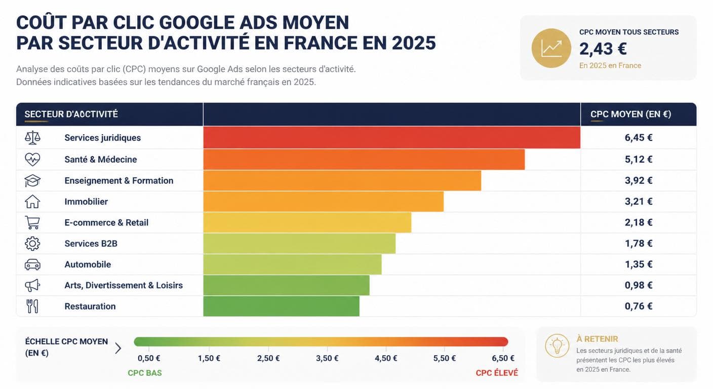 Infographie de type carte de chaleur du coût par clic Google Ads moyen par secteur d'activité en France en 2025