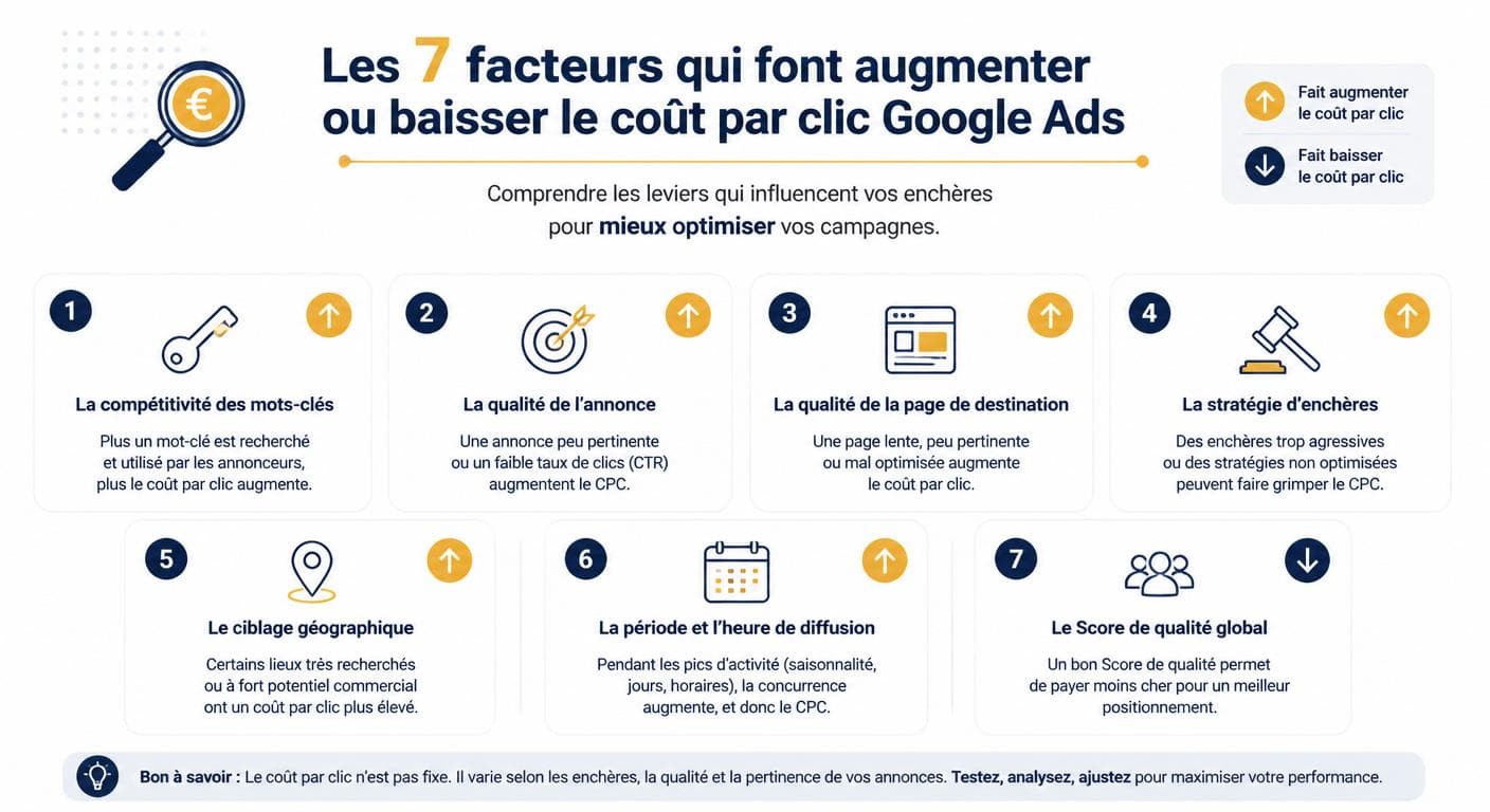 Infographie listant les sept facteurs qui font augmenter ou baisser le coût par clic Google Ads