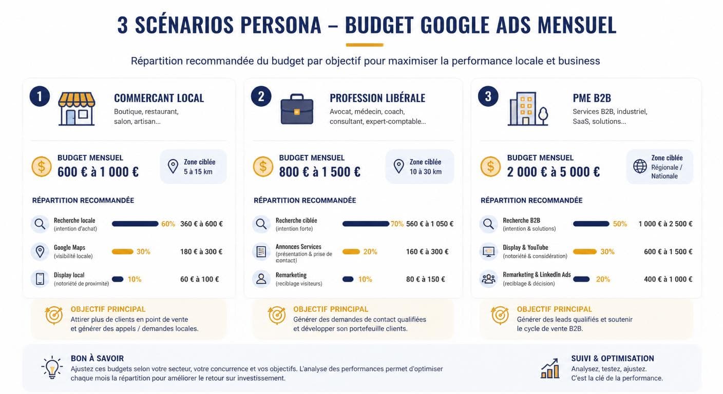 Infographie de trois scénarios de budget mensuel Google Ads pour un commerçant local, une profession libérale et une PME B2B