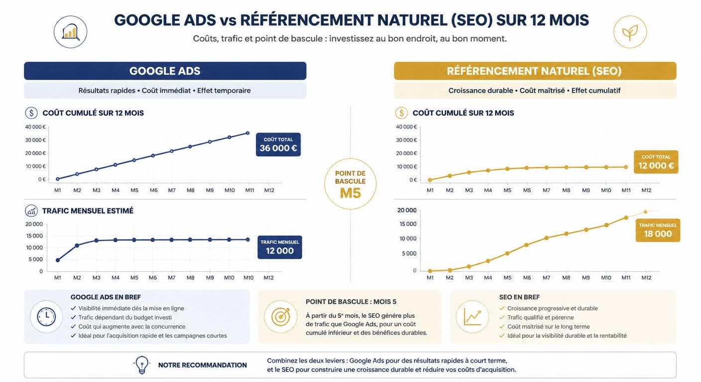 Infographie comparant Google Ads et référencement naturel sur 12 mois avec courbes de coût et de trafic