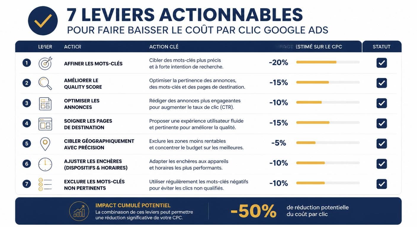 Infographie checklist des sept leviers concrets pour réduire le coût par clic Google Ads