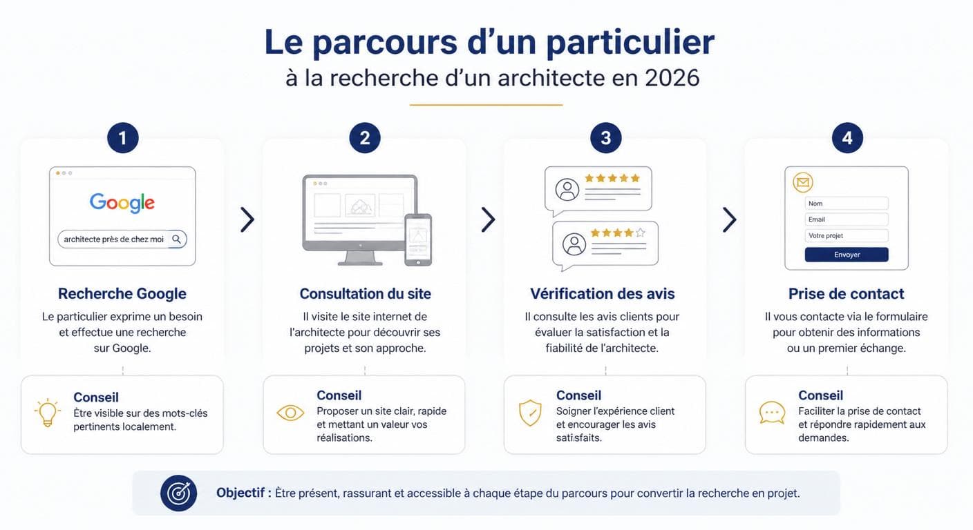 Infographie du parcours client d'un particulier cherchant un architecte en 2026