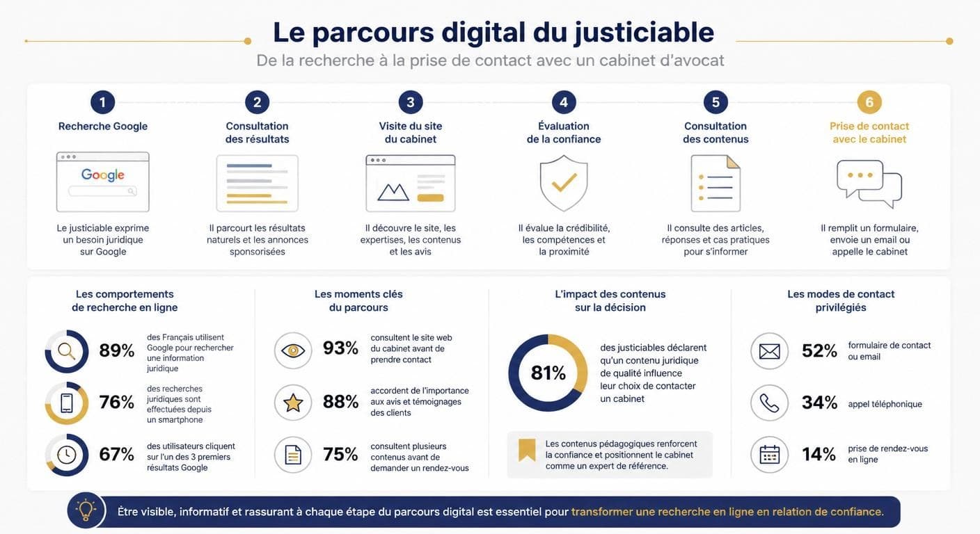 Infographie du parcours digital d'un justiciable jusqu'au cabinet d'avocat