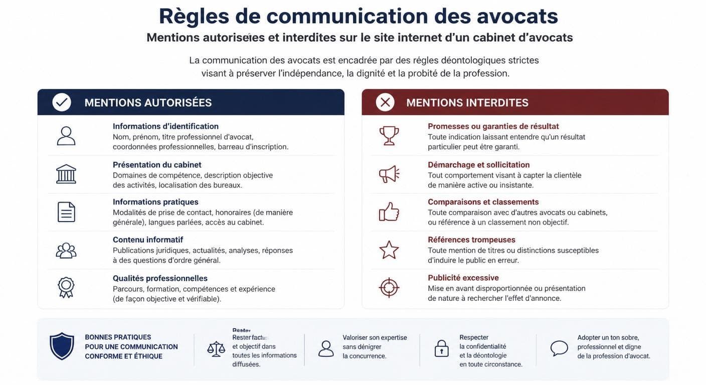 Infographie des règles déontologiques applicables au site internet d'un cabinet d'avocats