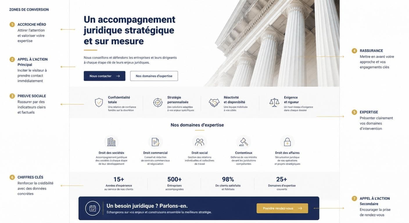 Infographie d'une page d'accueil de cabinet d'avocats optimisée pour la conversion