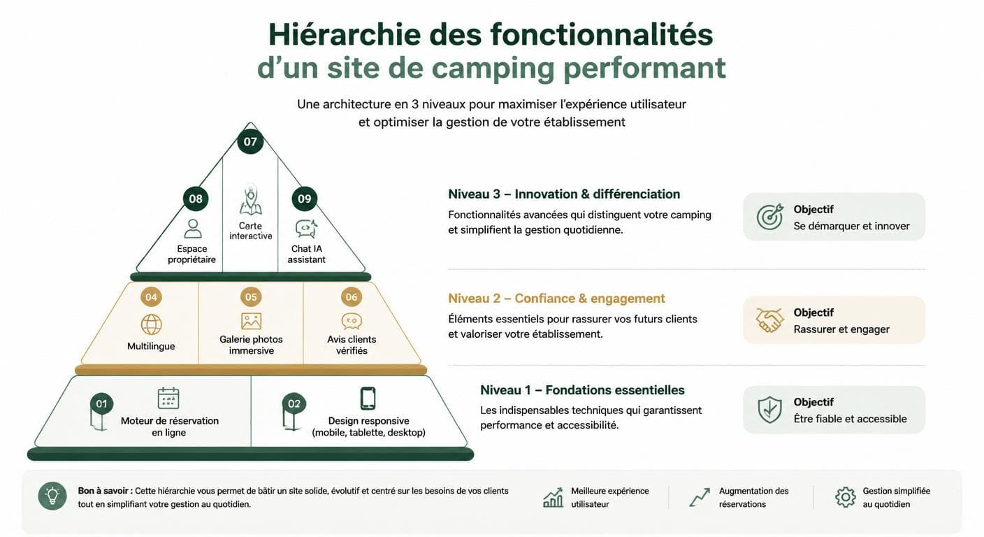 Infographie de la pyramide des fonctionnalités d'un site camping performant