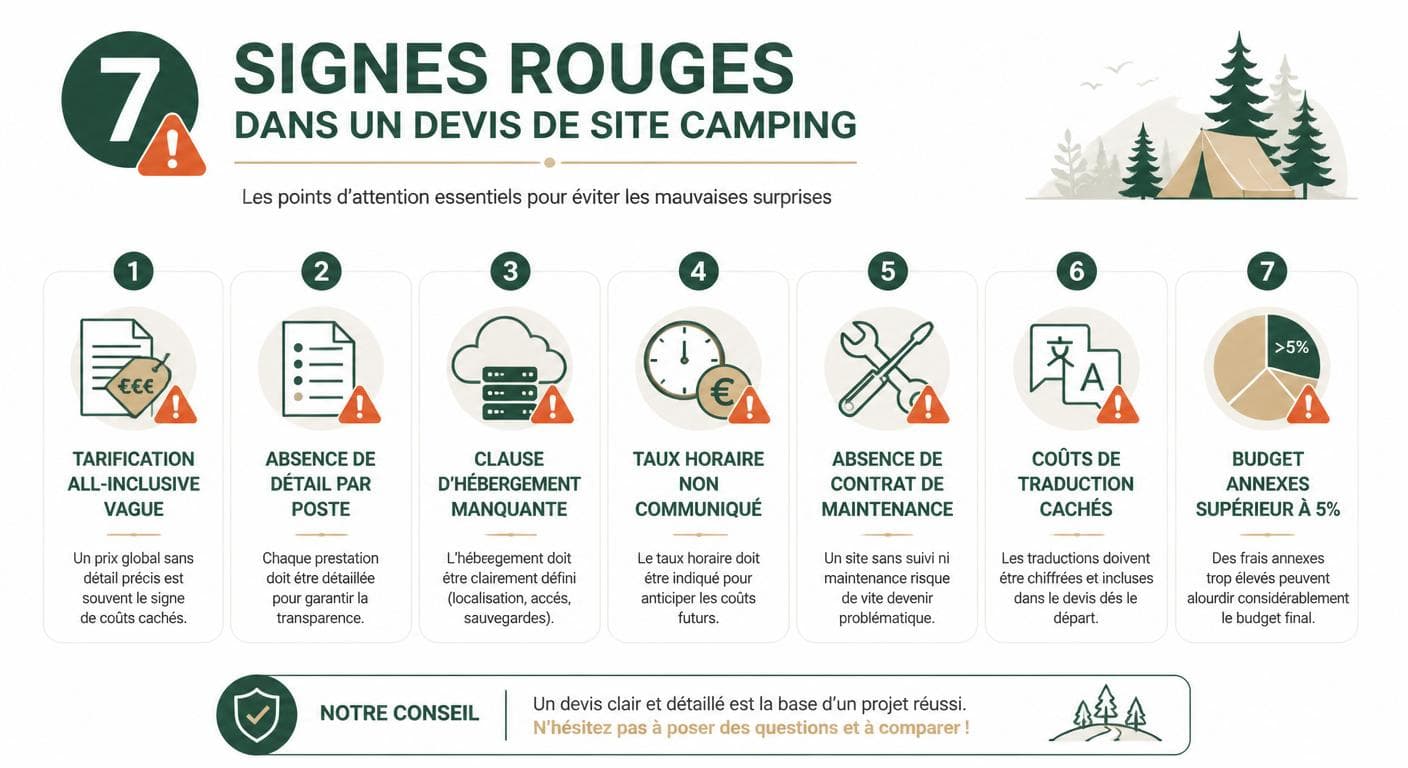 Infographie des 7 signaux d'alerte dans un devis de site camping