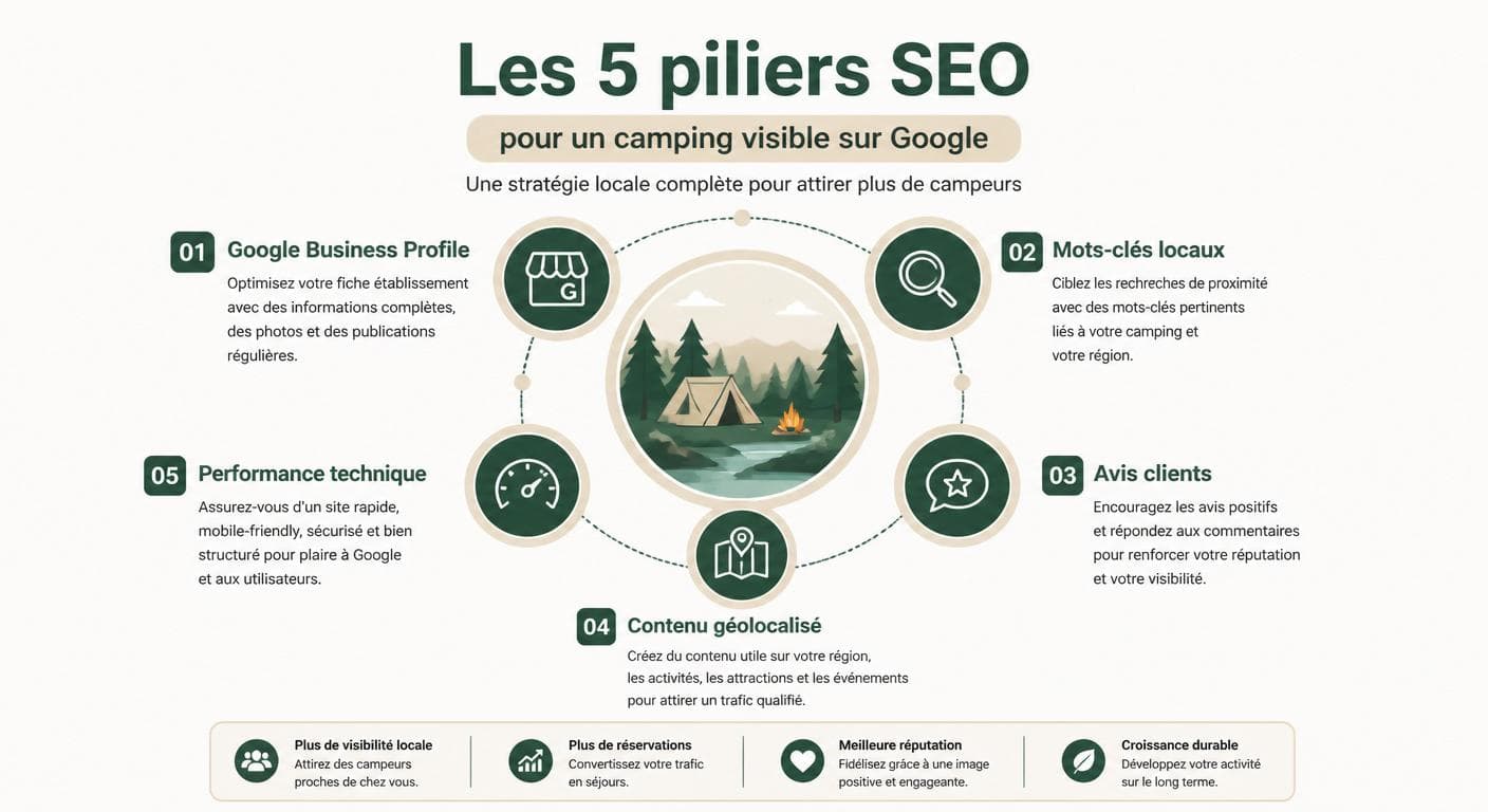 Infographie des 5 piliers du SEO local pour camping